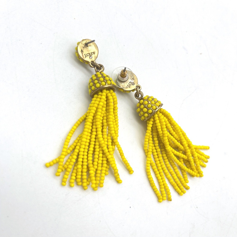 J.Crew Yellow Beaded Tassel Drop Earrings Gold Tone Statement Jewelry 3"